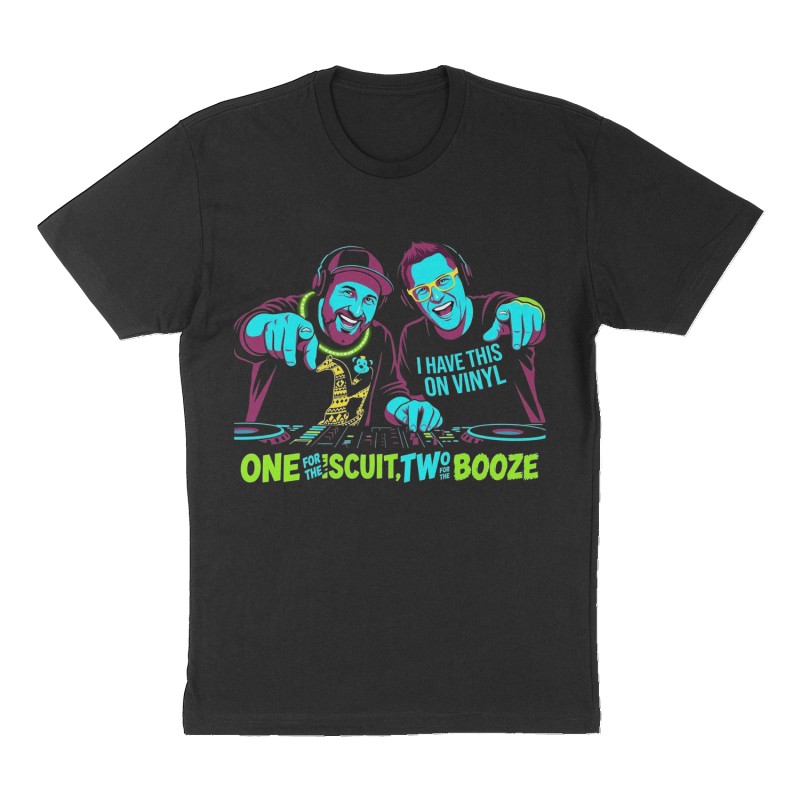 Custom t-shirt: "One for the Biscuit, Two for the Booze", Front print, black shirt