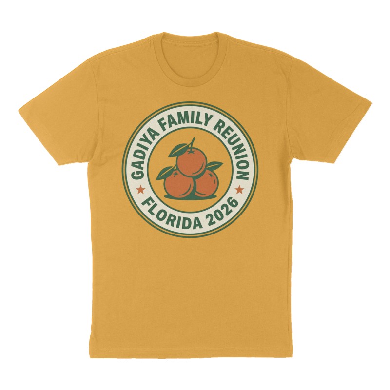 Custom t-shirt: "Gadiya Family Reunion", mustard-yellow shirt