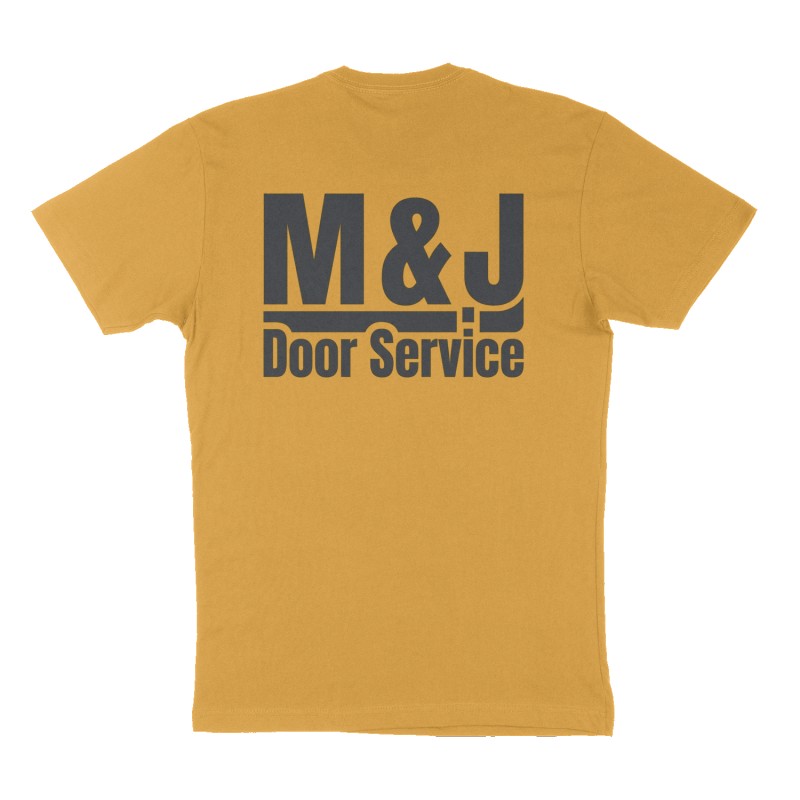 Custom t-shirt: "M & J Door Service ", Back print, mustard-yellow shirt