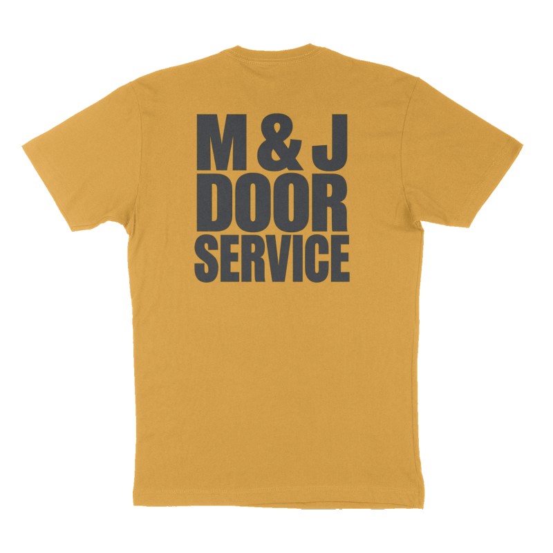 Custom t-shirt: "M & J Door Service ", Back print, mustard-yellow shirt