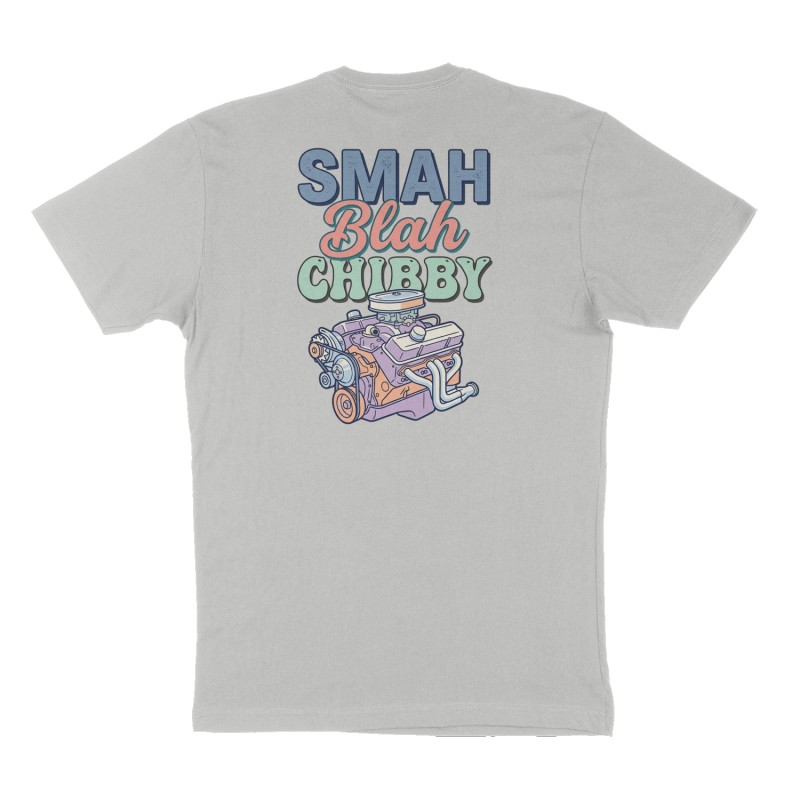Custom t-shirt: "SMAH BLAH CHIBBY", Back print, heather-gray shirt