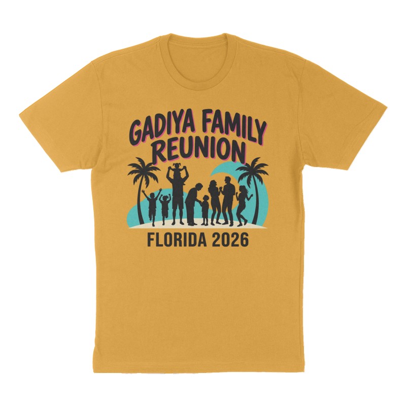 Custom t-shirt: "Gadiya Family Reunion", mustard-yellow shirt