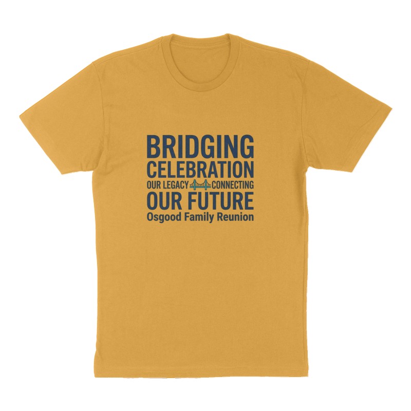Custom t-shirt: "Bridging celebration our legacy connecting our future", Front print, mustard-yellow shirt