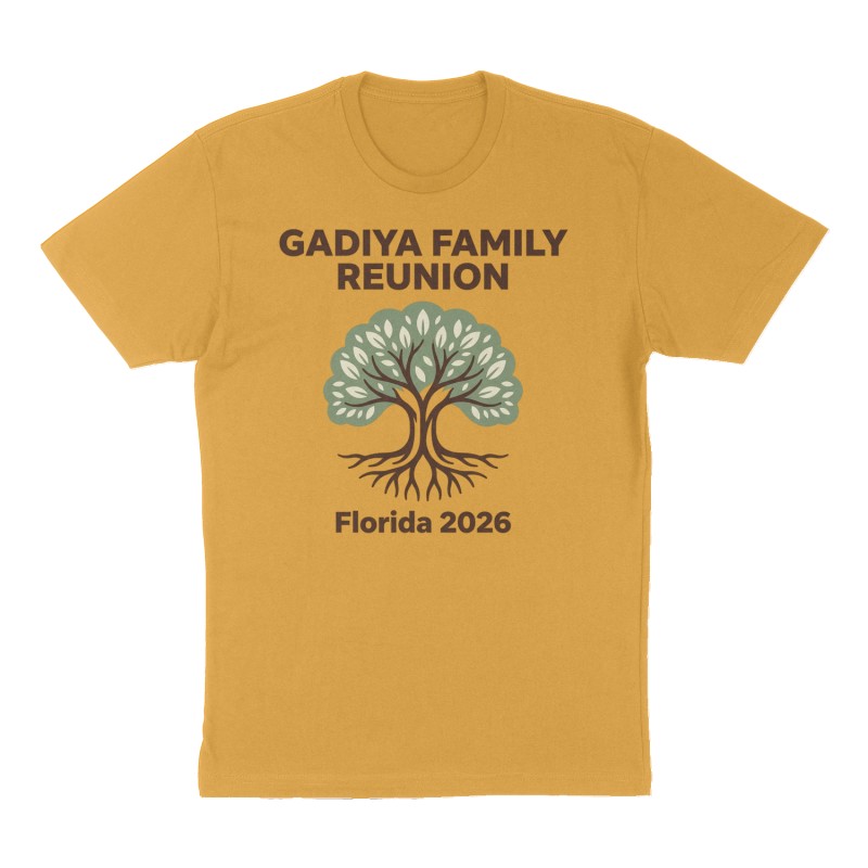 Custom t-shirt: "Gadiya Family Reunion", mustard-yellow shirt