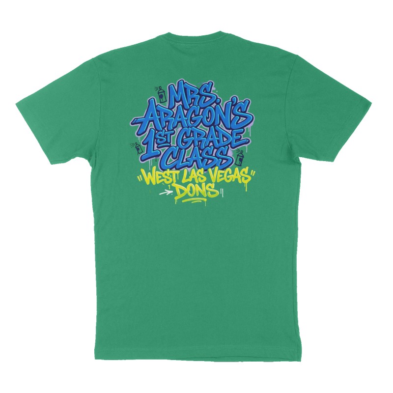 Custom t-shirt: "Mrs. Aragon's 1st grade class", Back print, green shirt