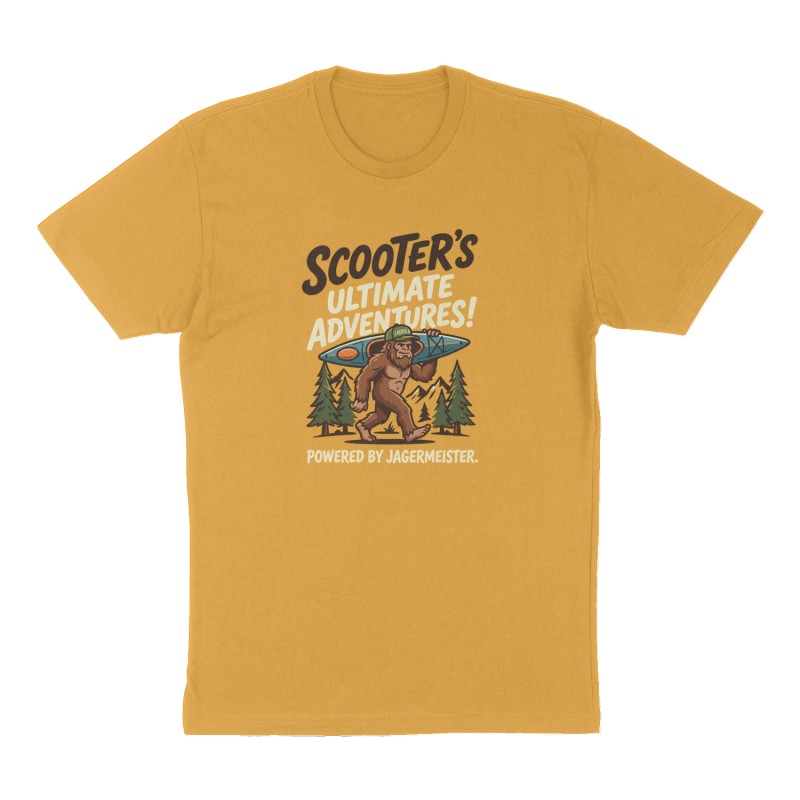 Custom t-shirt: "Scooter’s Ultimate Adventures! Powered by Jagermeister.", Front print, mustard-yellow shirt