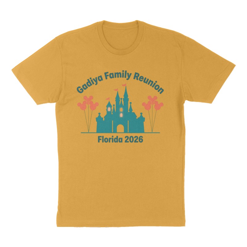 Custom t-shirt: "Gadiya Family Reunion", mustard-yellow shirt