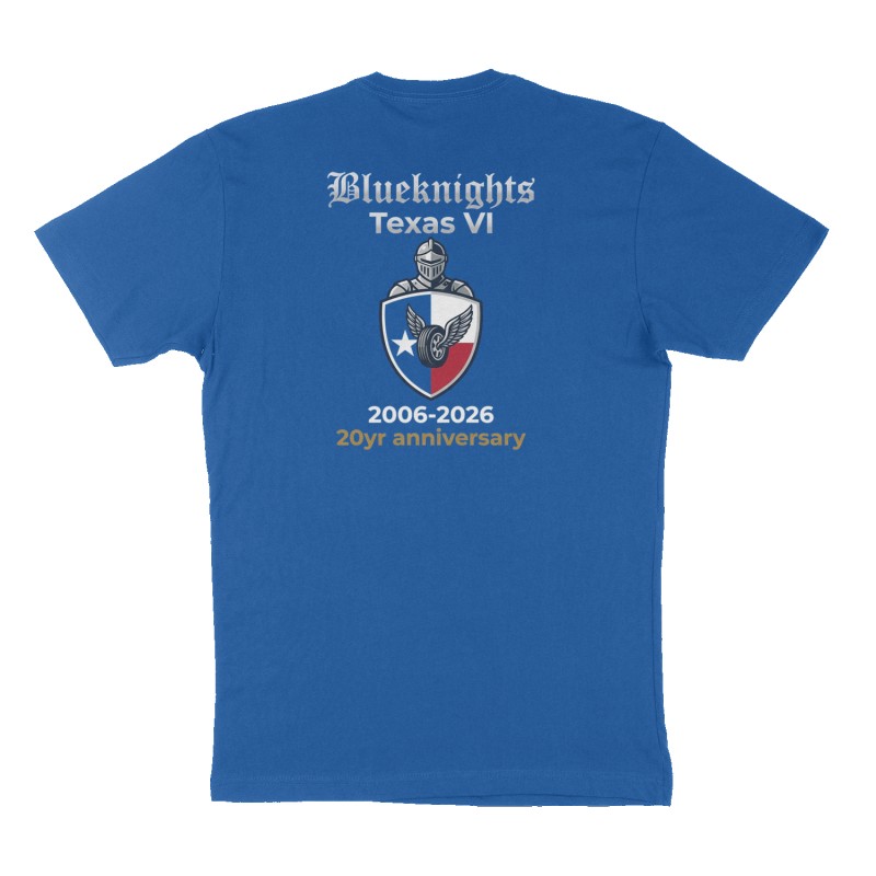 Custom t-shirt: "Blueknights Texas VI 2006-2026 20yr anniversary ", Back print, royal-blue shirt