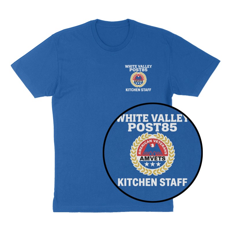 Custom t-shirt: "WHITE VALLEY POST85", Left Chest print, royal-blue shirt