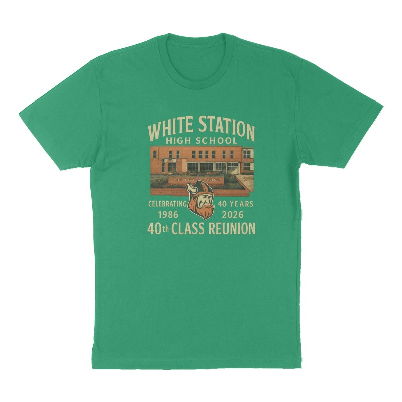 Custom t-shirt: "WHITE STATION HIGH SCHOOL", Front print, green shirt