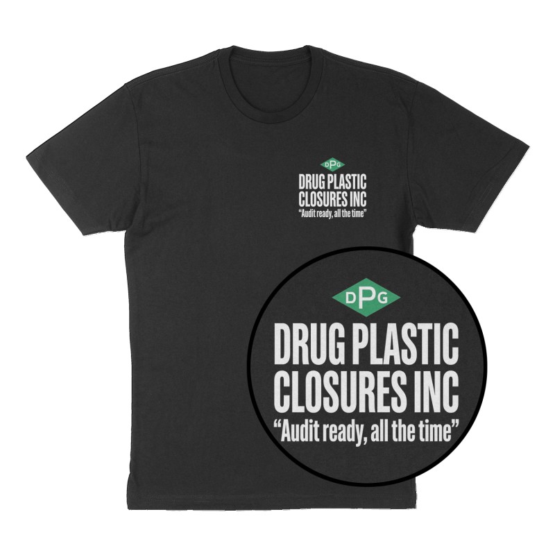 Custom t-shirt: "Drug Plastic Closures Inc", Left Chest print, black shirt