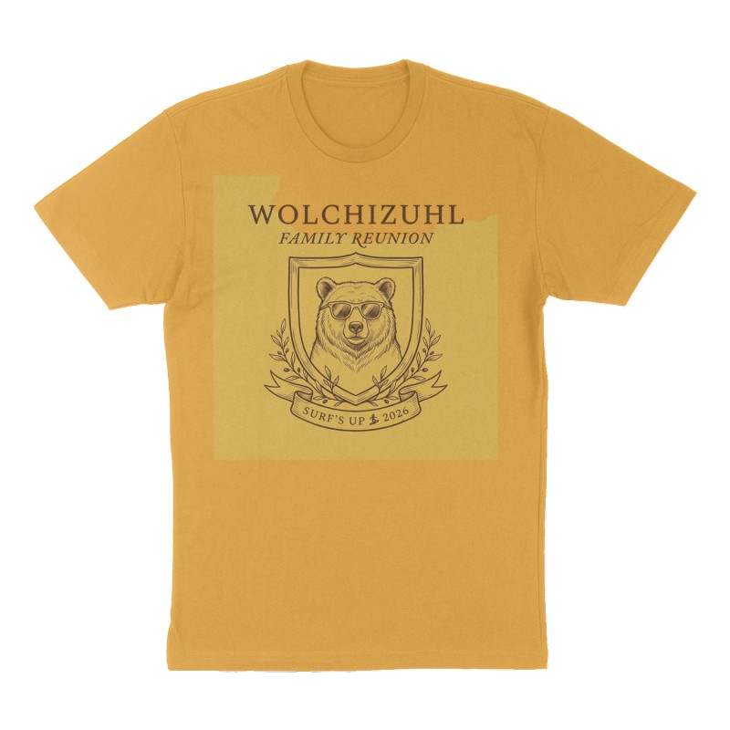 Custom t-shirt: "Wolchizuhl", Front print, mustard-yellow shirt