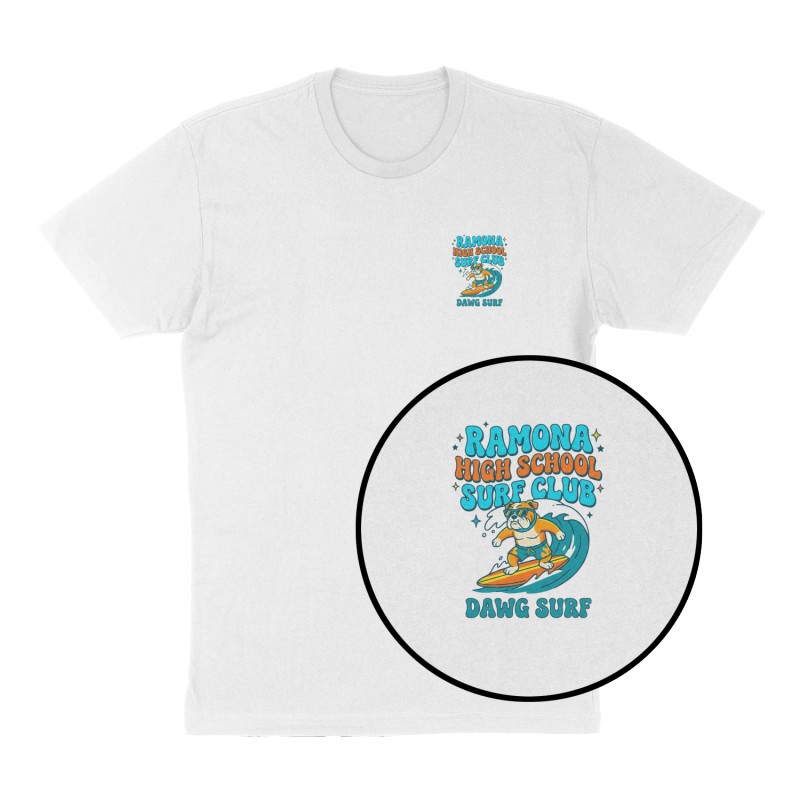 Custom t-shirt: "Ramona High School Surf Club", Left Chest print, white shirt