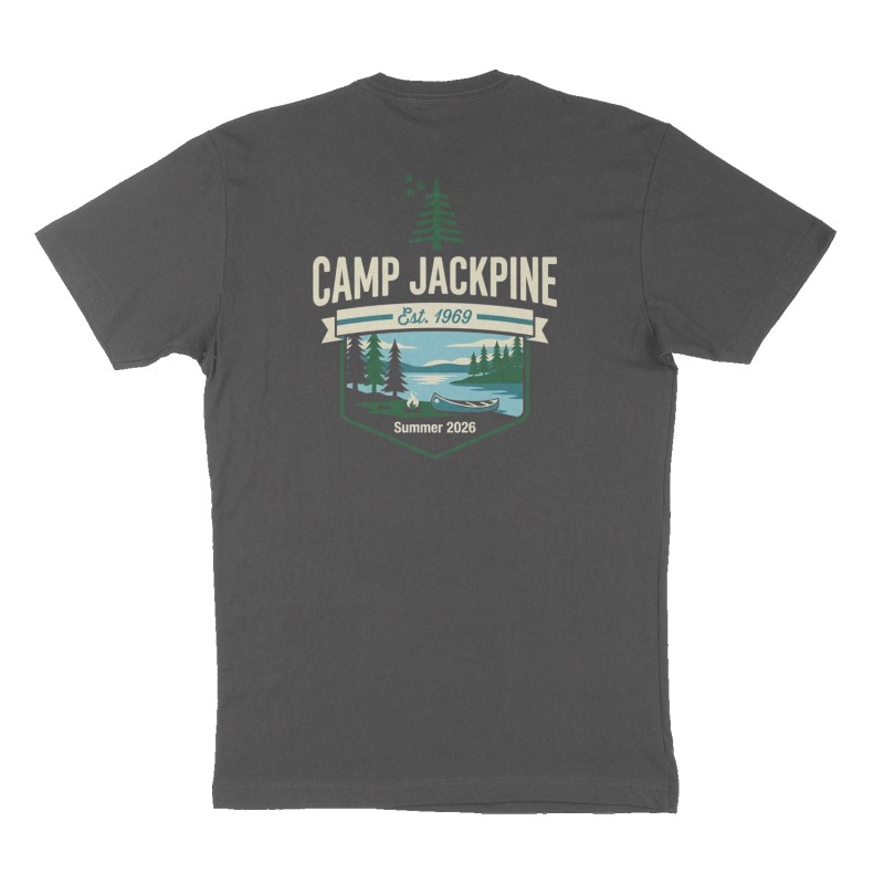 Custom t-shirt: "Camp Jackpine", Back print, charcoal shirt