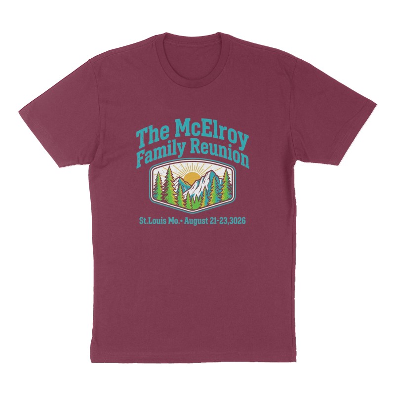 Custom t-shirt: "The McElroy Family Reunion", Front & Back print, maroon shirt