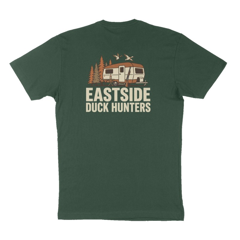 Custom t-shirt: "Eastside duck hunters", Back print, forest-green shirt