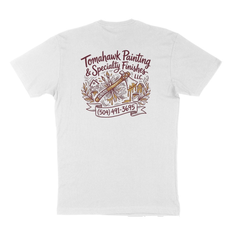 Custom t-shirt: "Tomahawk Painting & Specialty Finishes LLC.", Back print, white shirt