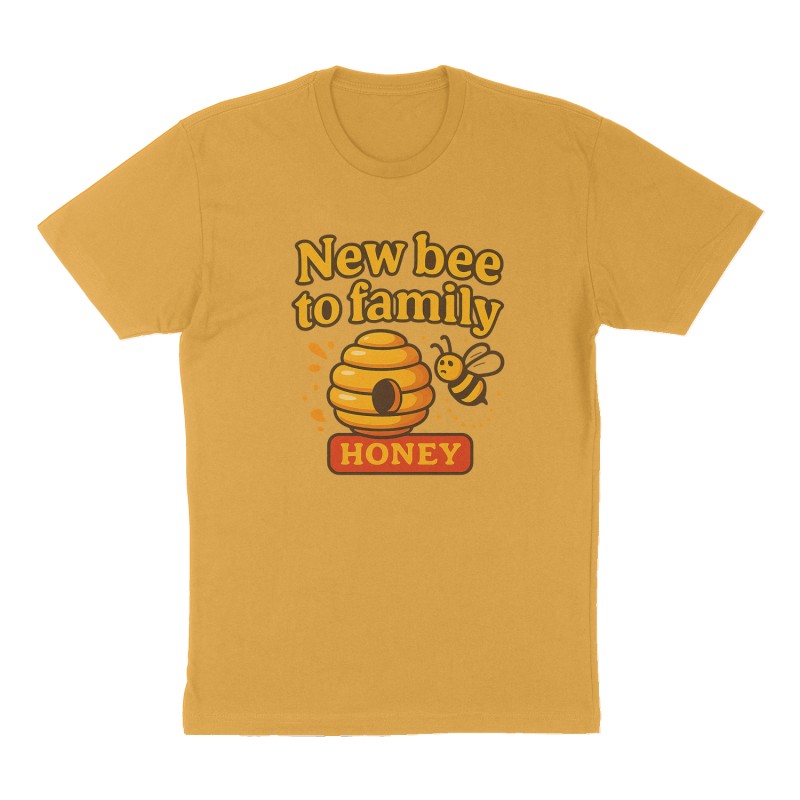 Custom t-shirt: "New bee to family", Front print, mustard-yellow shirt