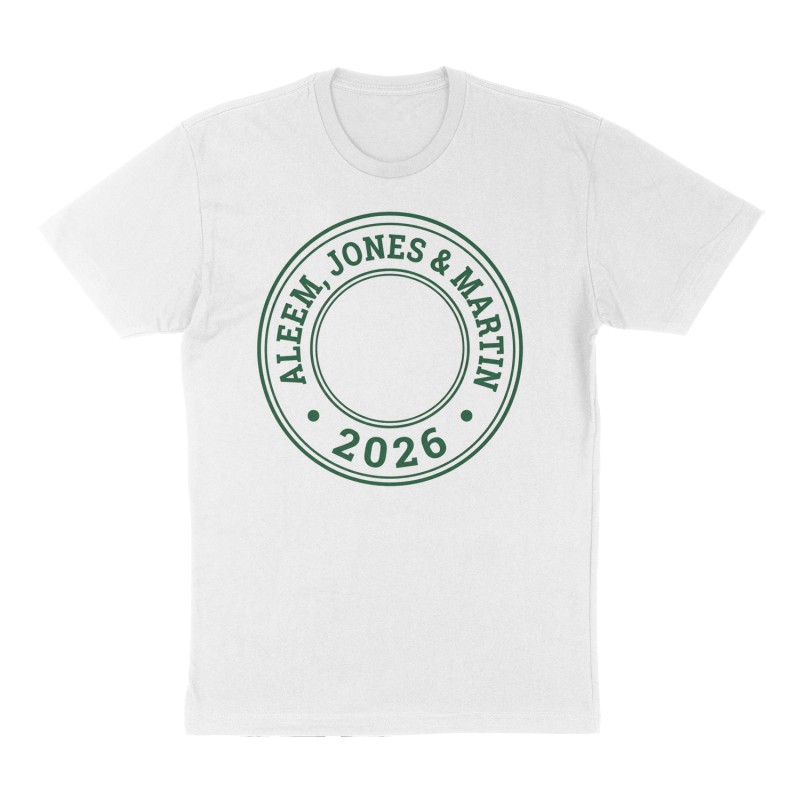 Custom t-shirt: "Aleem, Jones& Martin", white shirt