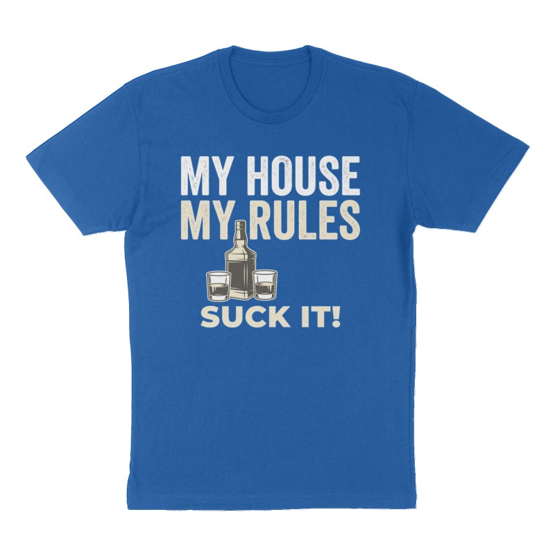 Custom t-shirt: "My House My Rules", Front print, royal-blue shirt