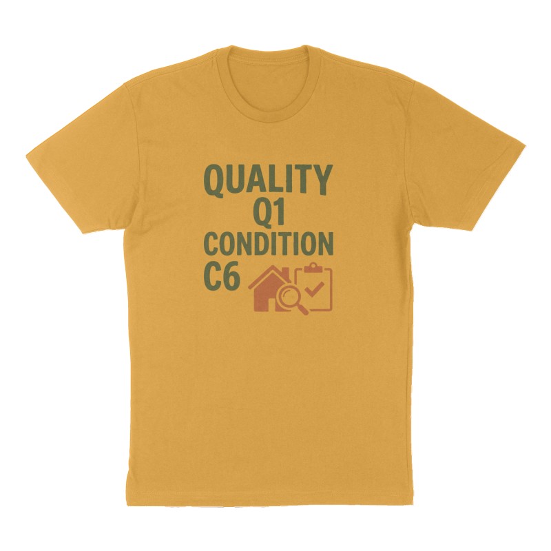 Custom t-shirt: "Quality Q1 Condition C6", Front print, mustard-yellow shirt
