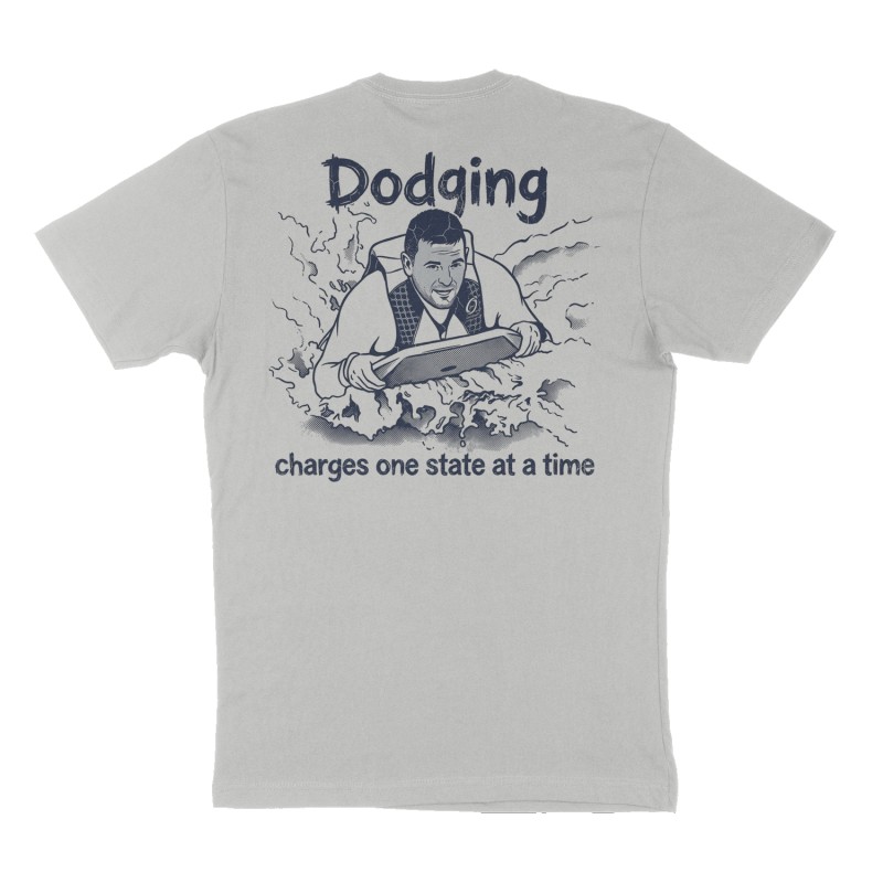 Custom t-shirt: "Dodging charges one state at a time", Back print, heather-gray shirt