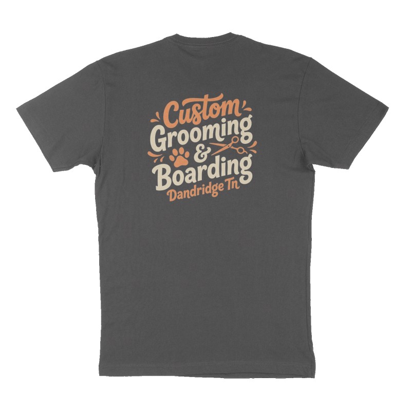 Custom t-shirt: "Custom Grooming  & Boarding ", Back print, charcoal shirt