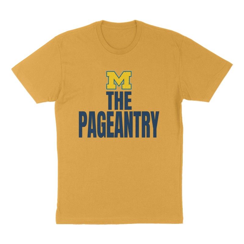 Custom t-shirt: "The Pageantry", Front print, mustard-yellow shirt