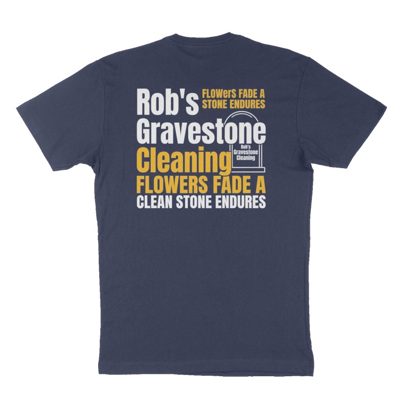 Custom t-shirt: "Rob's Gravestone Cleaning.", Back print, navy shirt