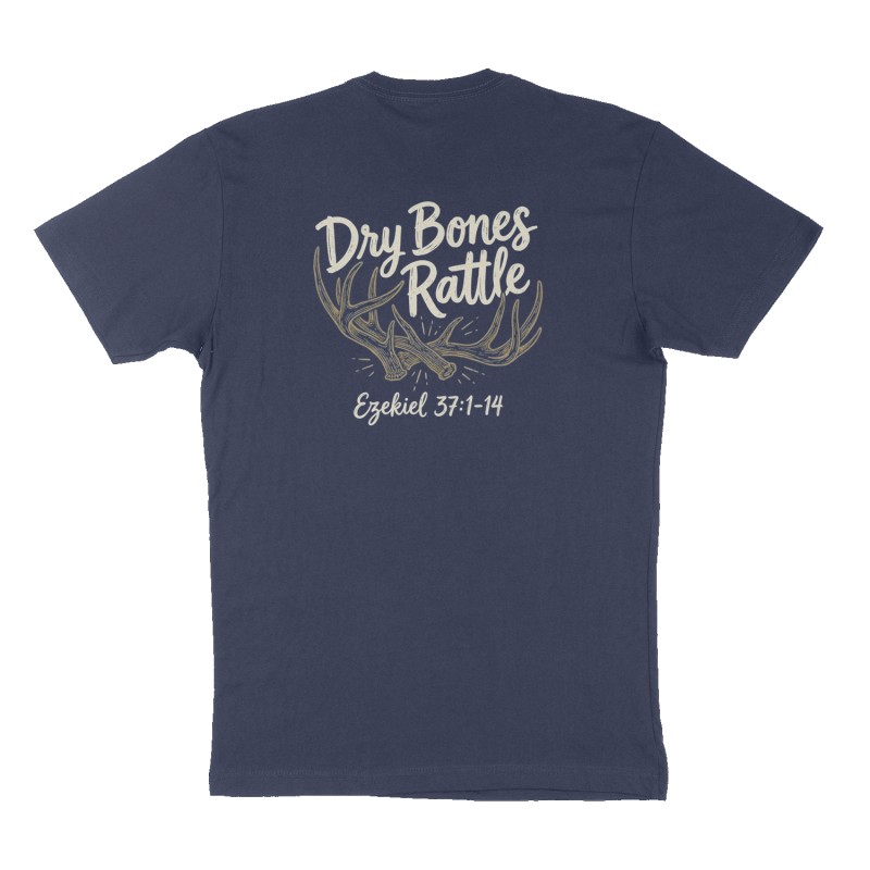 Custom t-shirt: "Dry Bones Rattle ", Back print, navy shirt