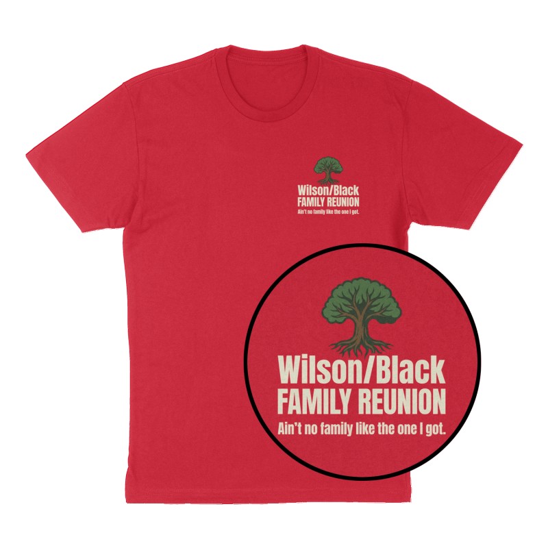 Attached design: "Wilson/Black FAMILY REUNION", Left Chest print, red shirt
