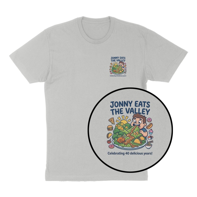 Custom t-shirt: "Jonny Eats the Valley", Left Chest print, heather-gray shirt