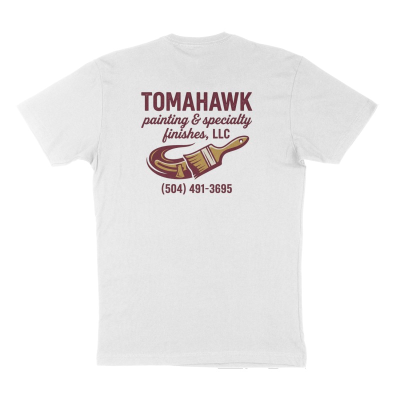 Custom t-shirt: "Tomahawk painting & specialty finishes, LLC", Back print, white shirt