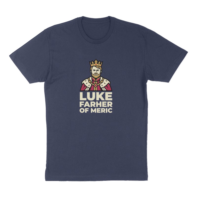 Custom t-shirt: "Luke Farher of Meric", Front print, navy shirt