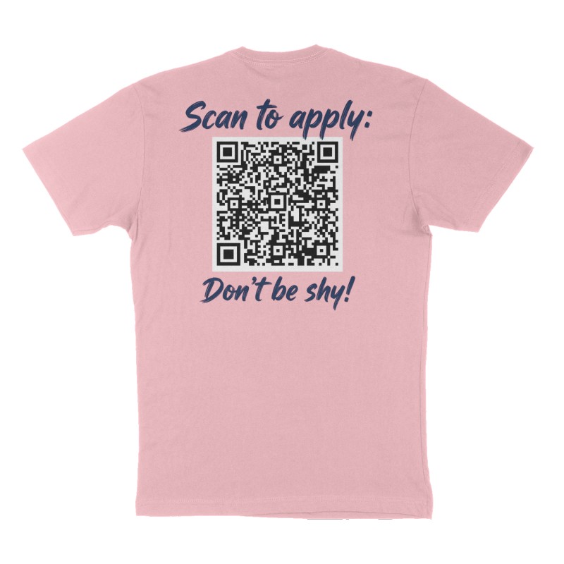 Custom t-shirt: "Scan to apply: ", Back print, pink shirt