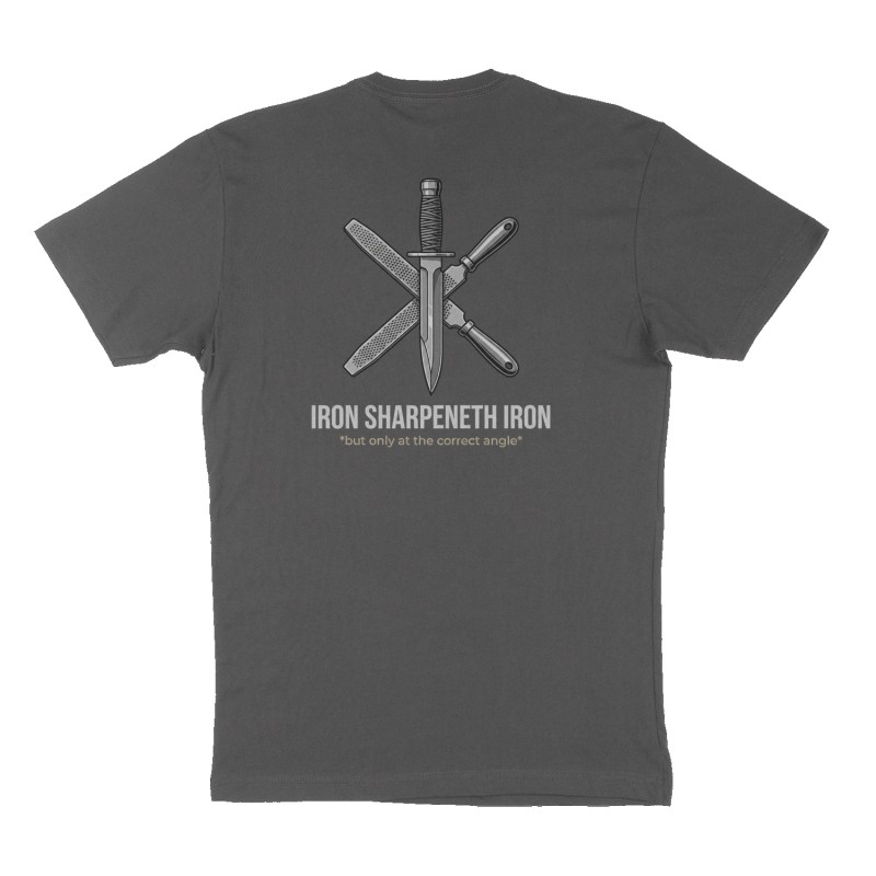 Custom t-shirt: "Iron sharpeneth iron.", Back print, charcoal shirt