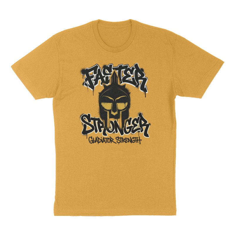Custom t-shirt: "Faster Stronger", Front print, mustard-yellow shirt