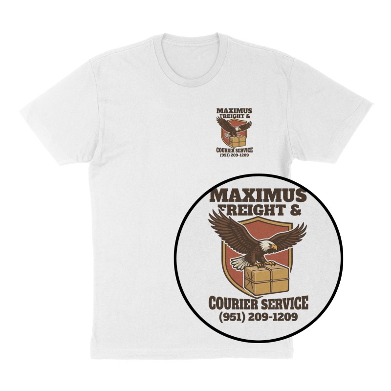 Custom t-shirt: "Maximus Freight & Courier Service ", Left Chest print, white shirt