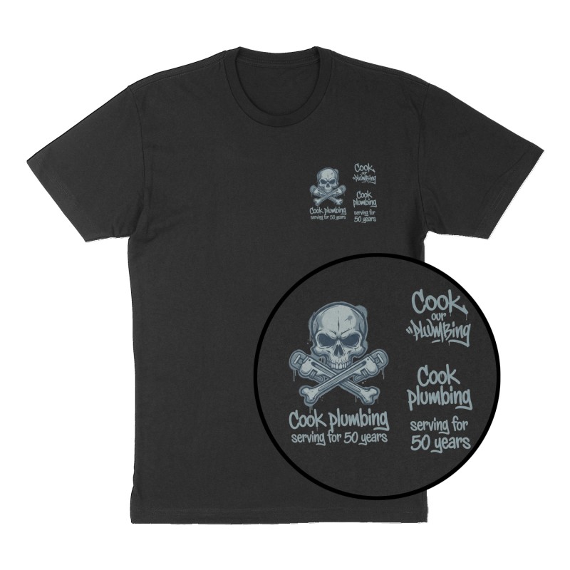 Custom t-shirt: "Cook plumbing ", Left Chest print, black shirt