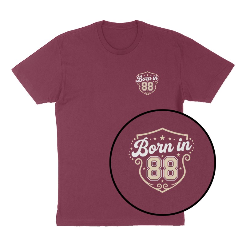 Custom t-shirt: "Born in 88", Left Chest print, maroon shirt
