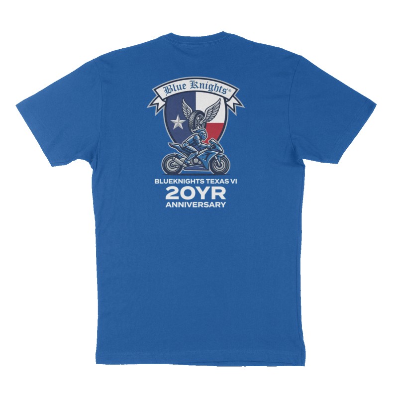 Custom t-shirt: "Blueknights Texas VI 20yr anniversary ", Back print, royal-blue shirt