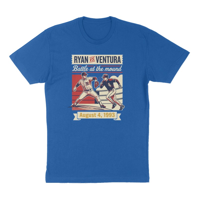 Custom t-shirt: "Ryan vs Ventura: Battle at the mound ", Front print, royal-blue shirt