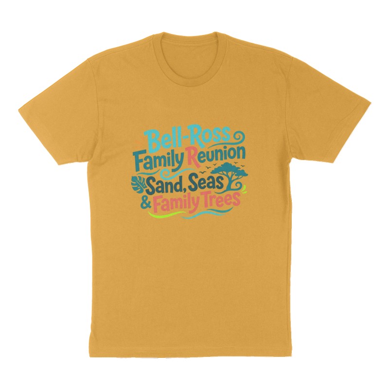 Custom t-shirt: "Bell-Ross Family Reunion", Front print, mustard-yellow shirt