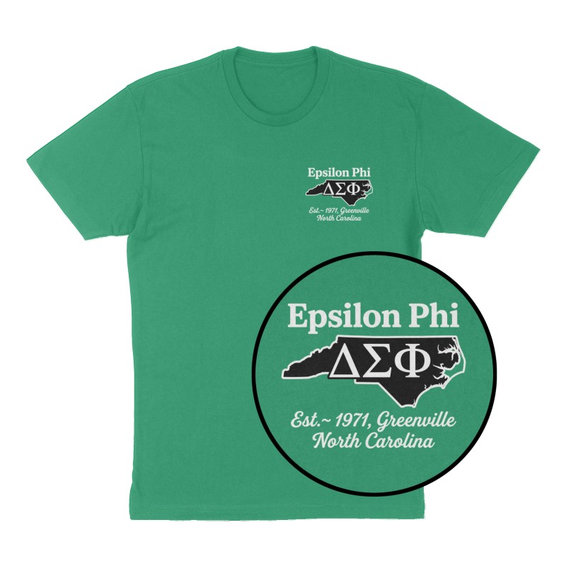 Custom t-shirt: "Epsilon Phi", Left Chest print, green shirt