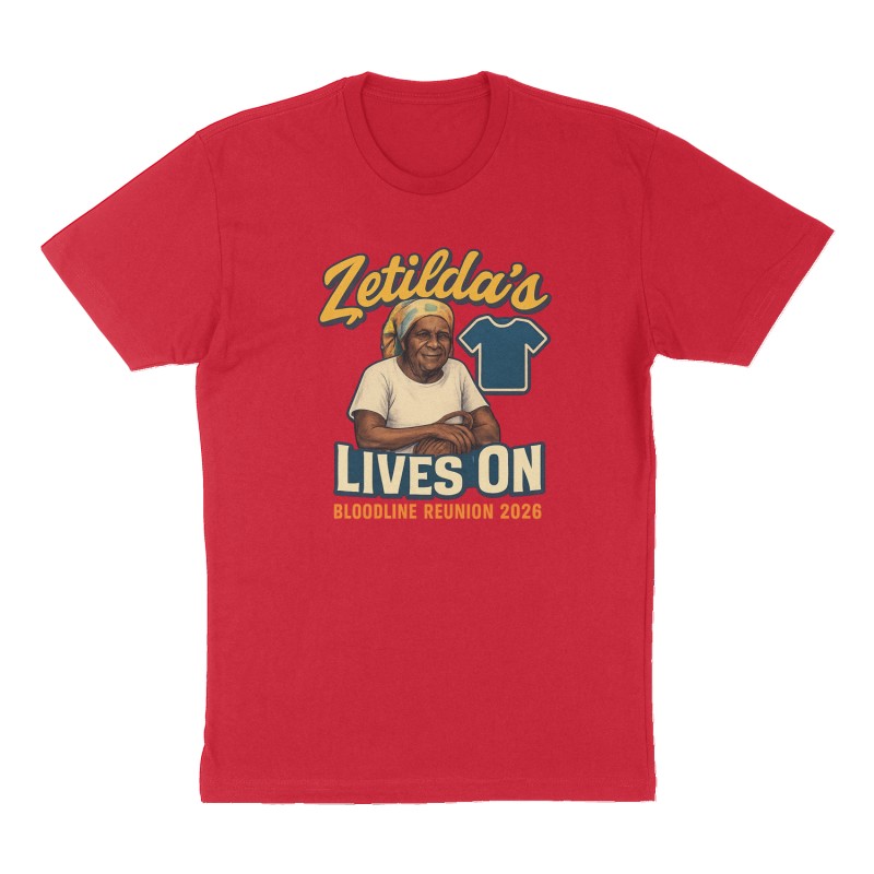 Custom t-shirt: "Zetilda’s Legacy Lives On", Front print, red shirt