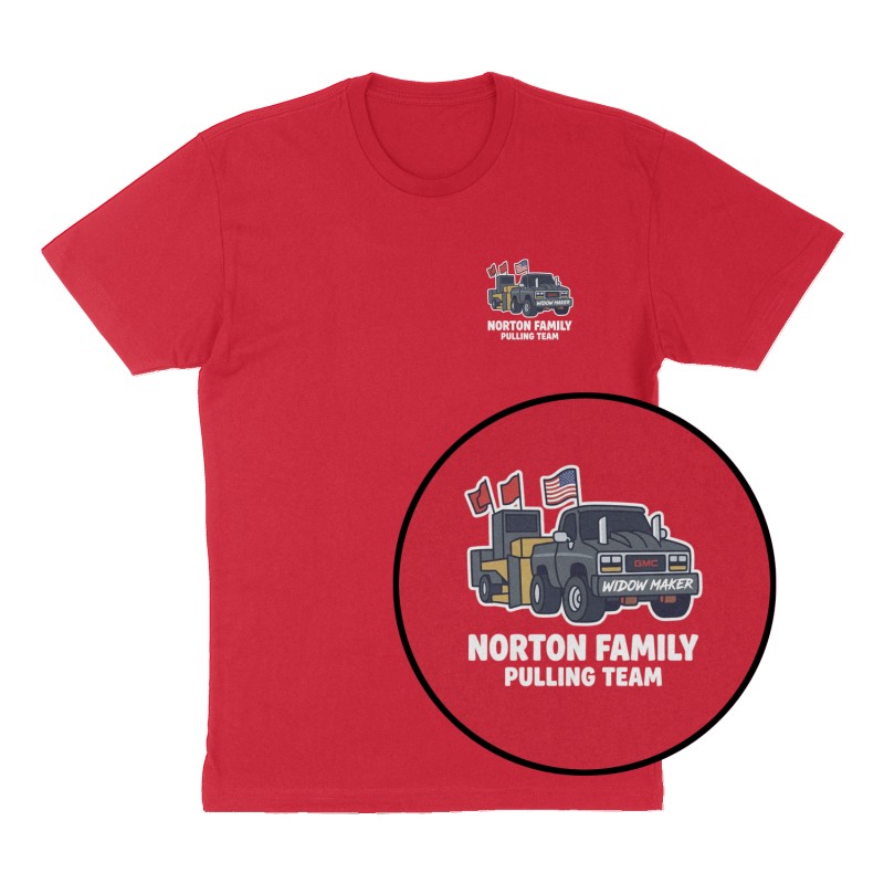 Custom t-shirt: "Norton Family Pulling Team", Left Chest print, red shirt