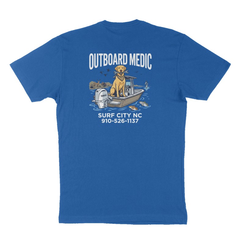 Custom t-shirt: "OUTBOARD MEDIC ", Back print, royal-blue shirt