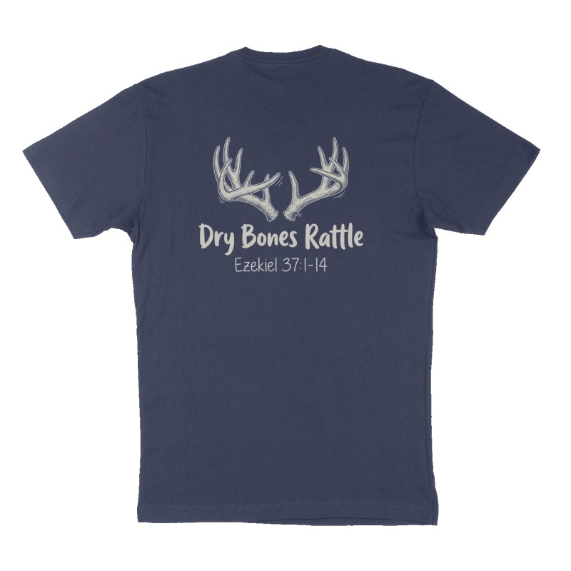 Custom t-shirt: "Dry Bones Rattle ", Back print, navy shirt