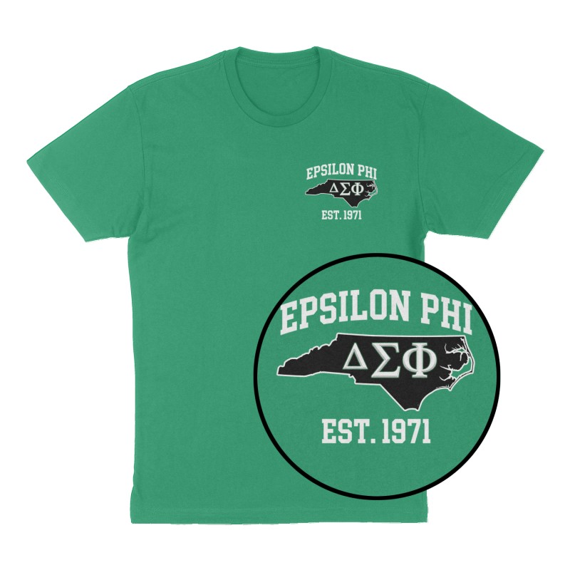 Custom t-shirt: "Epsilon Phi", Left Chest print, green shirt