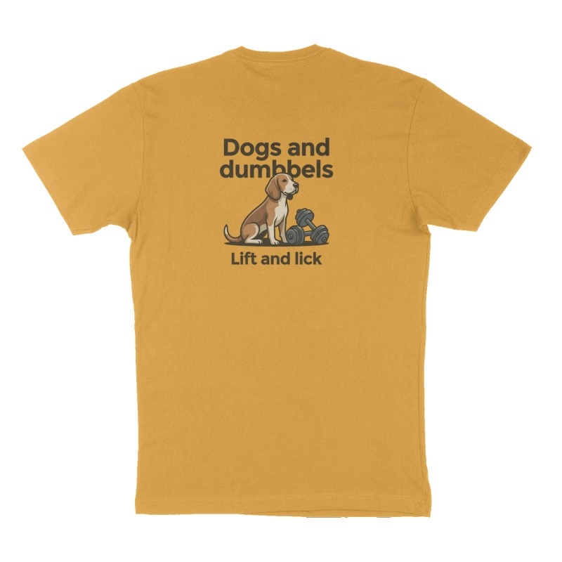Custom t-shirt: "Dogs and dumbbells", Back print, mustard-yellow shirt